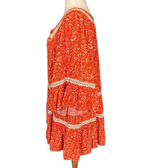 Free People Size Large Orange Boho Print Tunic Top Blouse W Ivory Crochet Trim - Picture 2 of 9